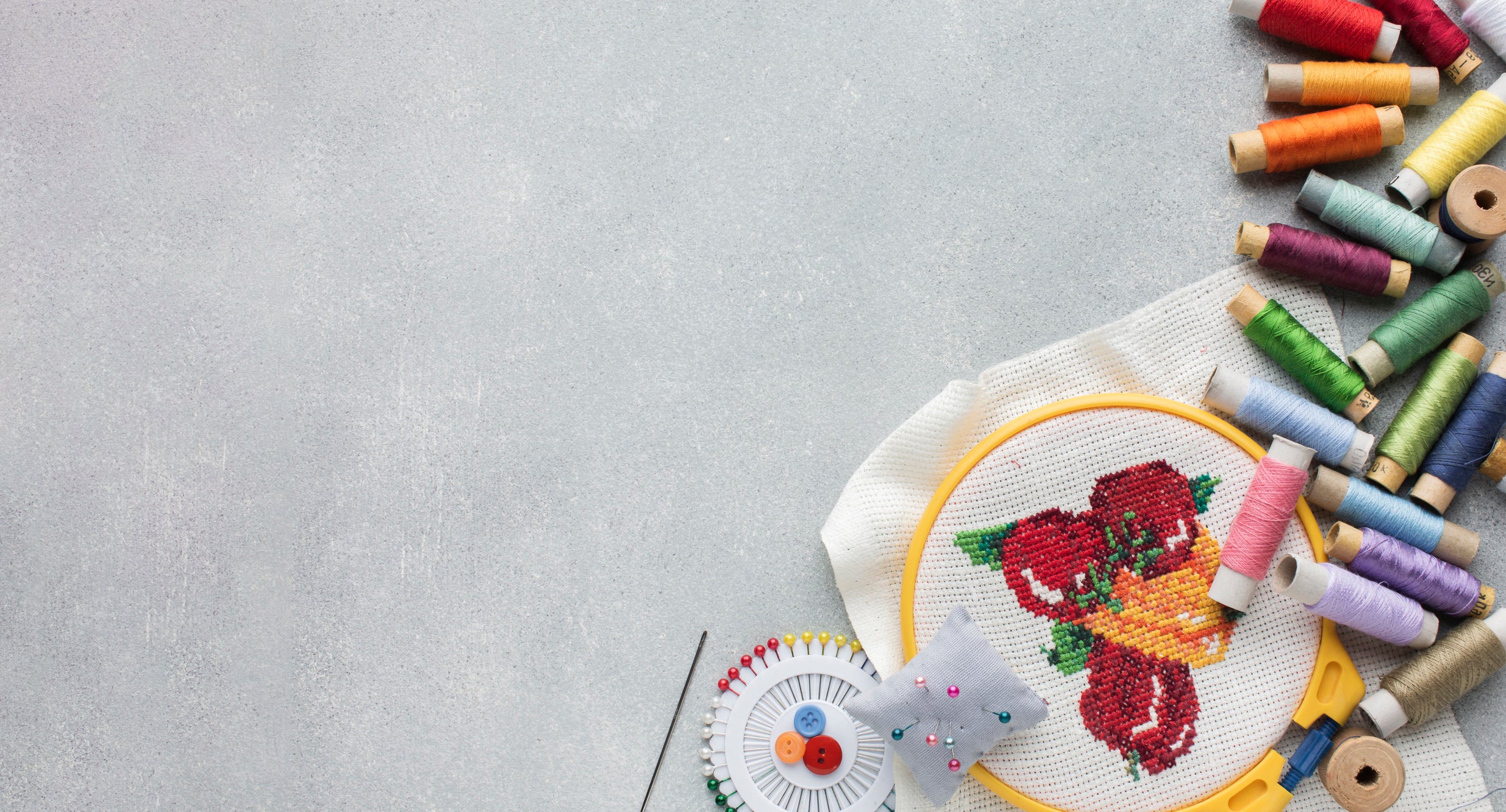 Embroidery kit collection with colorful threads and needlework materials